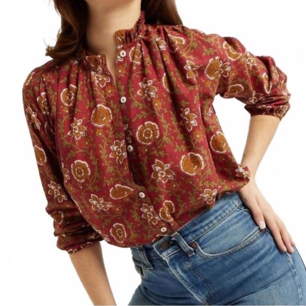 Millie Francesca Ruffle Neck Top Floral Button-Up Blouse - Picture 2 of 8